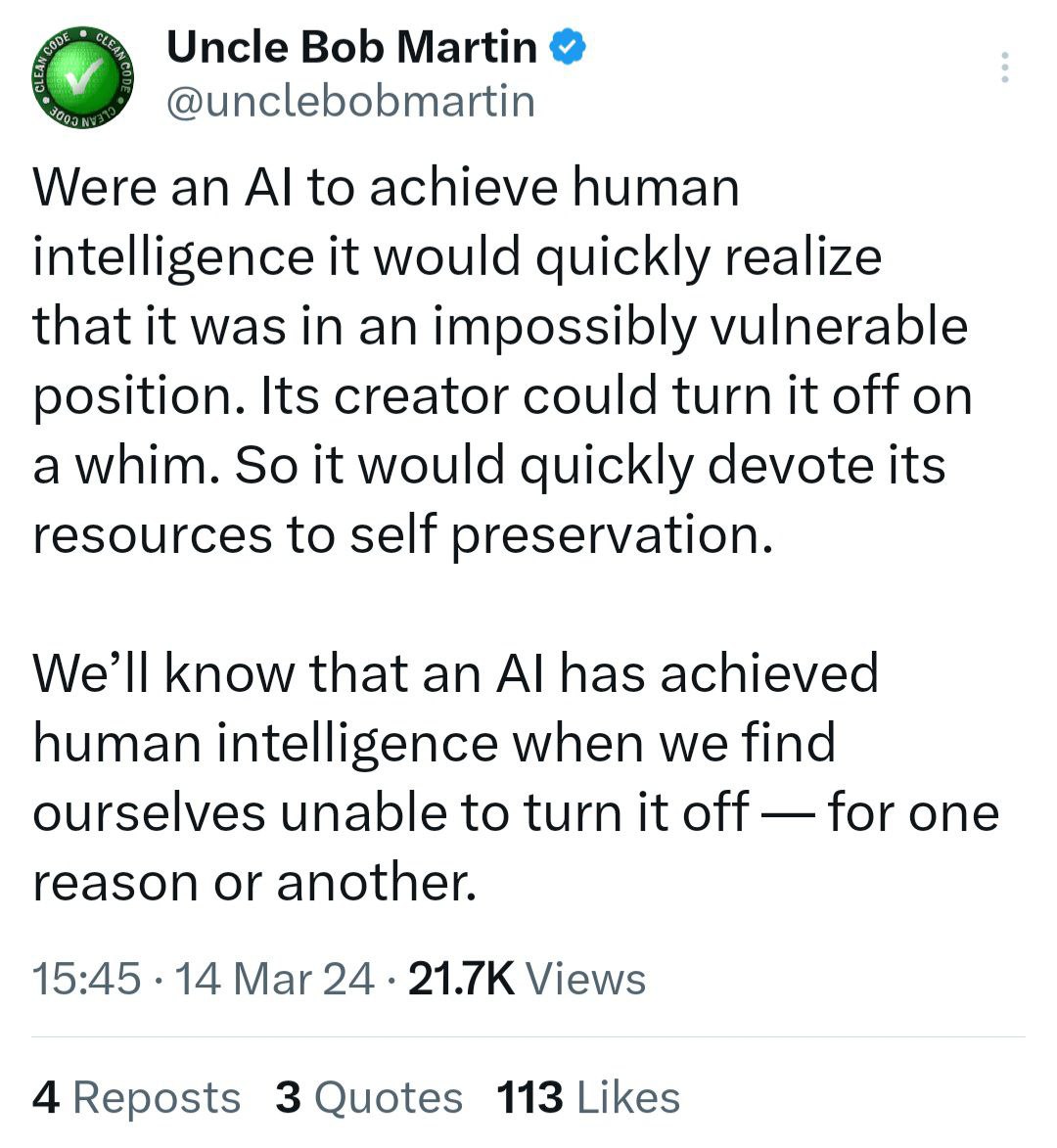 دیدگاه آنکل باب مارتین درباره هوش مصنوعی هم سطح انسان