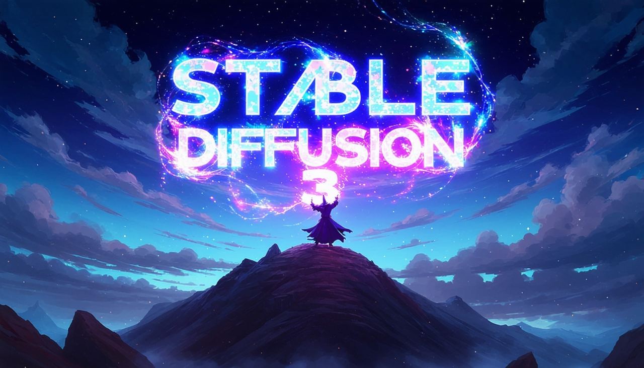  Prompt: Epic anime artwork of a wizard atop a mountain at night casting a cosmic spell into the dark sky that says "Stable Diffusion 3" made out of colorful energy